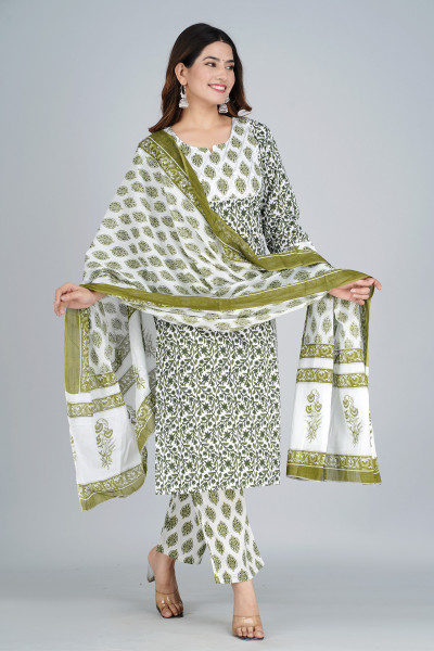 Women Pure Cotton Straight Round Neck Kurta Palazzo DupattaSet