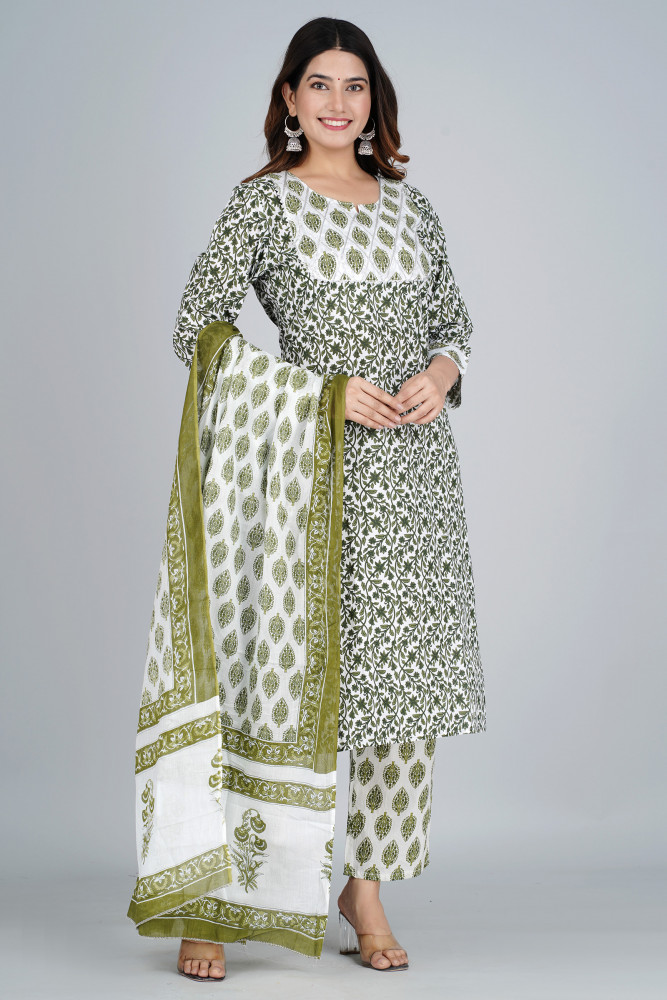 Women Pure Cotton Straight Round Neck Kurta Palazzo DupattaSet