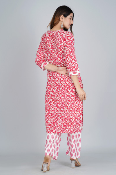 Women Pure Cotton Straight Round Neck Kurta Palazzo DupattaSet