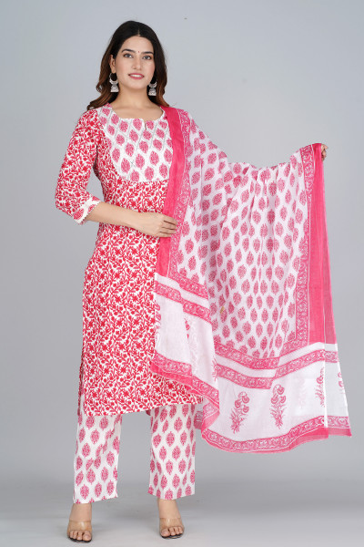Women Pure Cotton Straight Round Neck Kurta Palazzo DupattaSet