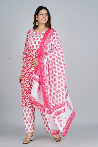 Women Pure Cotton Straight Round Neck Kurta Palazzo DupattaSet