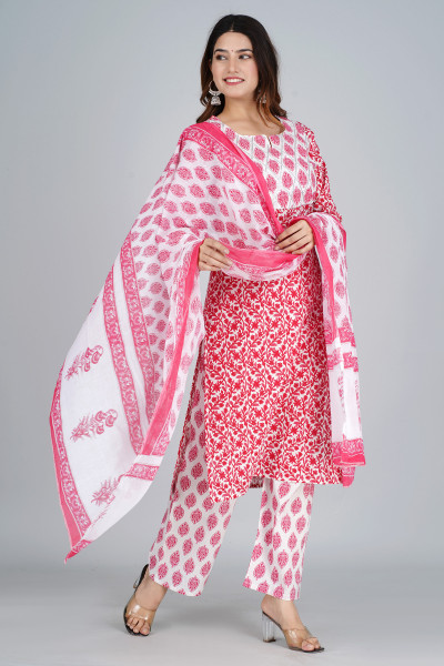 Women Pure Cotton Straight Round Neck Kurta Palazzo DupattaSet