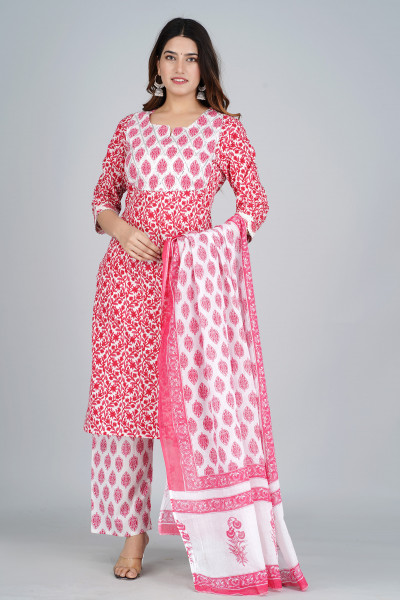 Women Pure Cotton Straight Round Neck Kurta Palazzo DupattaSet