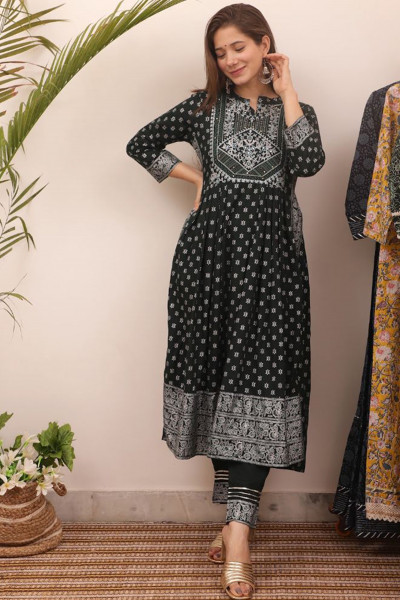 Women Cotton Rayon Flared Round Neck Kurta Pant DupattaSet