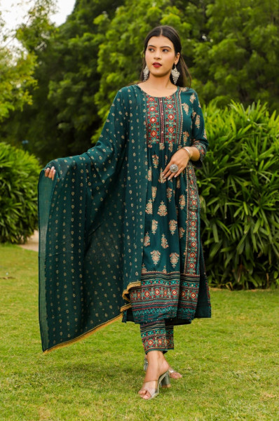 Women Cotton Rayon A-line Round Neck Kurta Palazzo DupattaSet