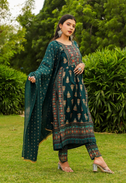 Women Cotton Rayon A-line Round Neck Kurta Palazzo DupattaSet