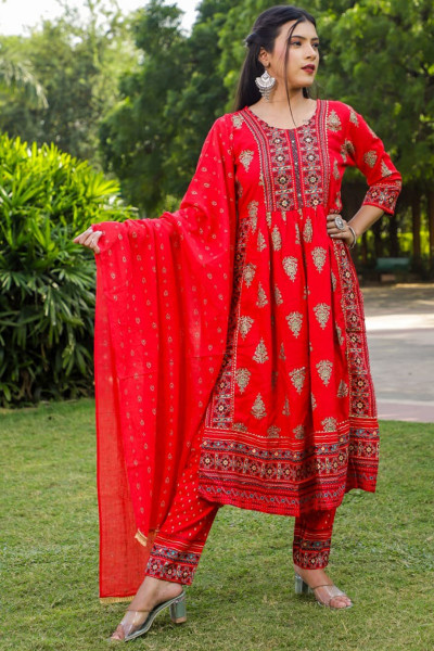 Women Cotton Rayon A-line Round Neck Kurta Palazzo DupattaSet