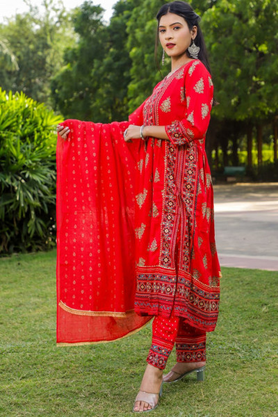 Women Cotton Rayon A-line Round Neck Kurta Palazzo DupattaSet