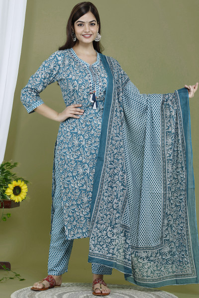 Women Pure Cotton Straight Round Neck Kurta Pant DupattaSet