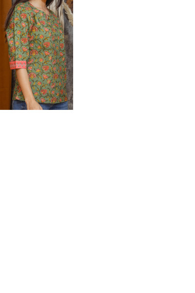 Mehandi Floral Printed Ethnic Cotton Top