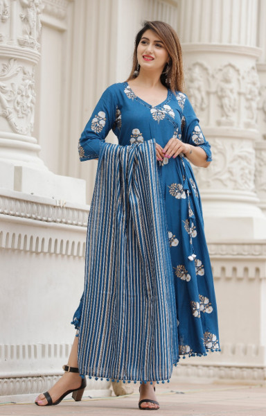 Women Viscose Rayon Angarkha V Neck Kurta NA DupattaSet