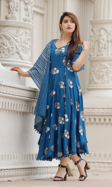 Women Viscose Rayon Angarkha V Neck Kurta NA DupattaSet