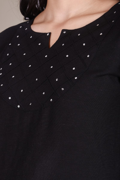 Solid Black Cotton Top With Handwork