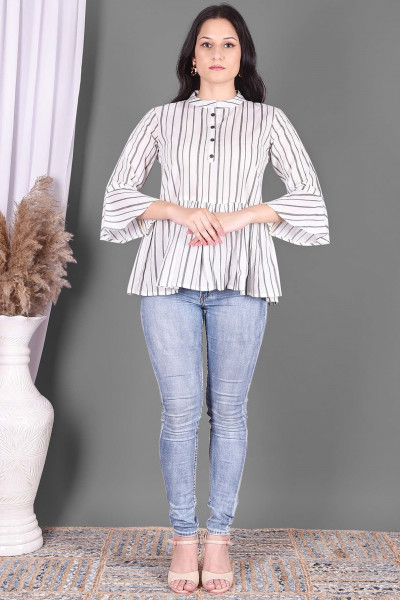Grey & White Stripe Printed Flared Cotton Top