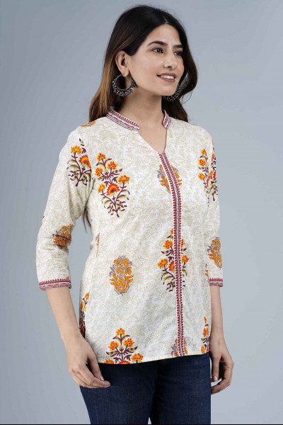 Ethnic Printed Off-White Casual Cotton Top