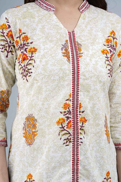 Ethnic Printed Off-White Casual Cotton Top