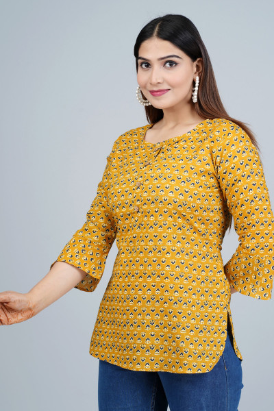 Mustard Ethnic Printed Casual Cotton Top