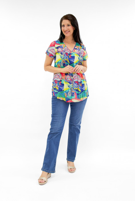 Maggie Crinkle Cotton T-Shirt in Blue Yellow Multi