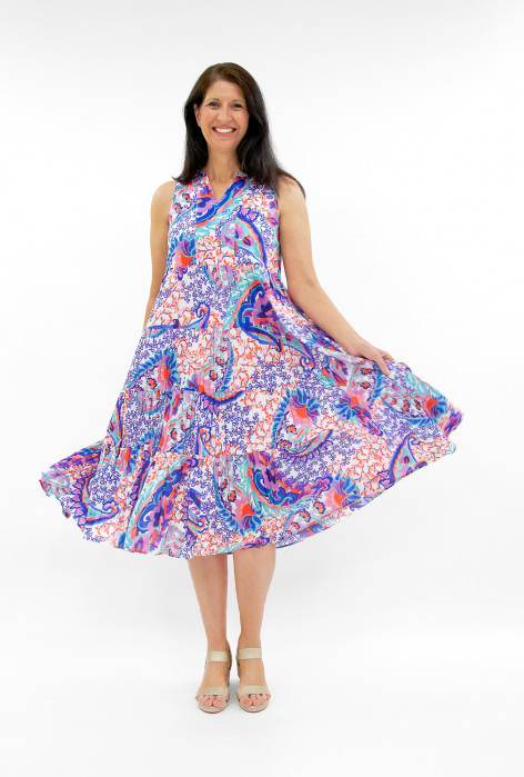 Farrah Organic Cotton Sleeveless Dress in Paisley Purple