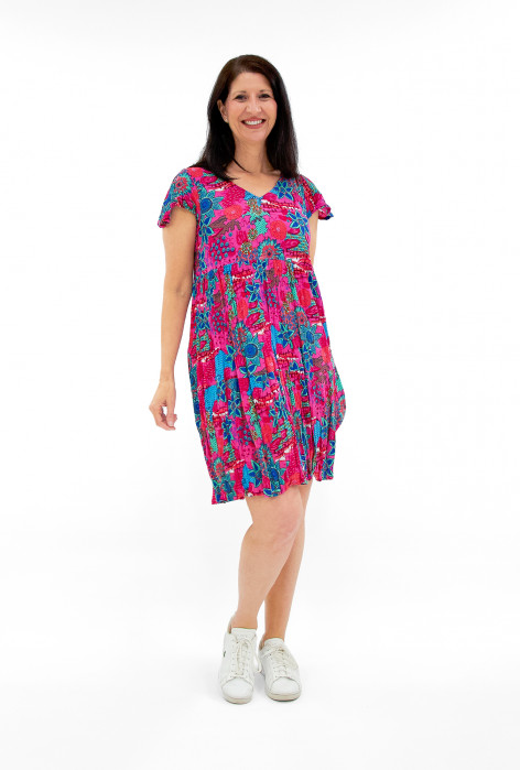 Chloe Crepe Rayon Swing Dress in Hot Pink Multi