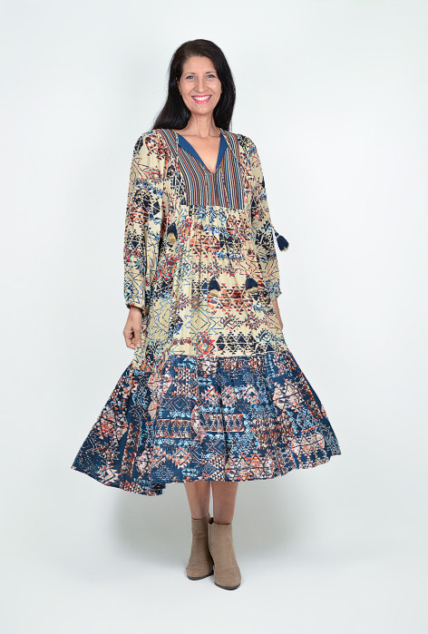 Maci Puff Sleeve Boho Maxi Dress in Blue Multi