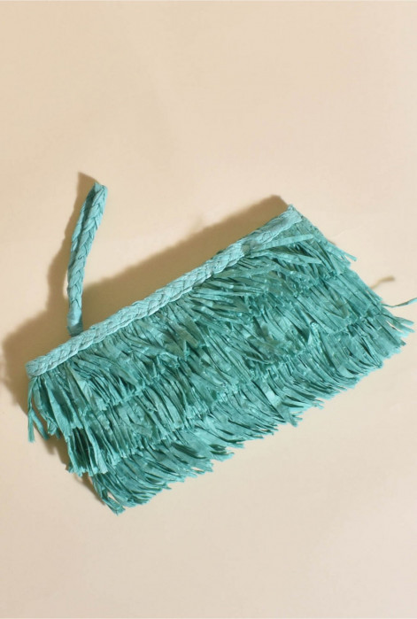 Coco Aqua Fringe Zip Top Clutch