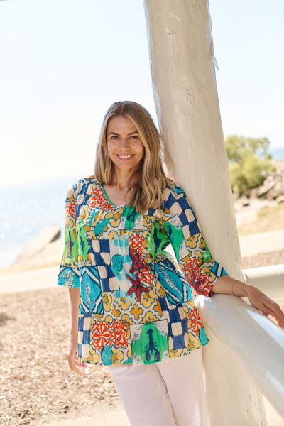 Tina V neck Pleated Top 3/4 Sleeve