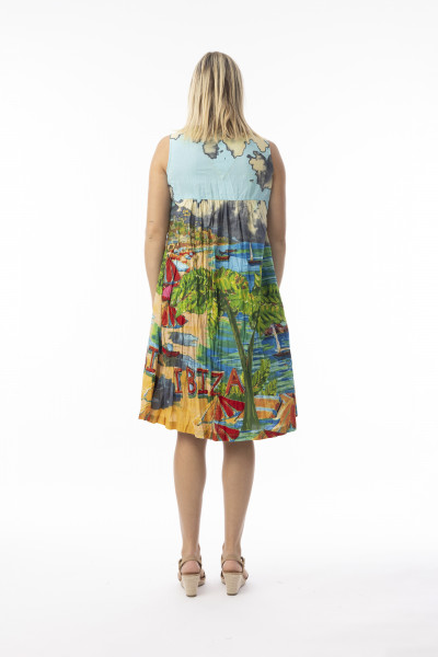 Printed Cotton Dress V Pleated