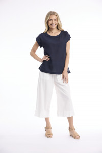 Linen Blend Top Rolled Neckline