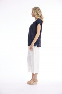 Linen Blend Top Rolled Neckline