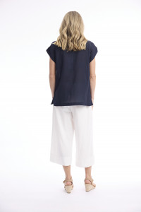 Linen Blend Top Rolled Neckline
