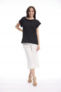 Linen Blend Top Rolled Neckline
