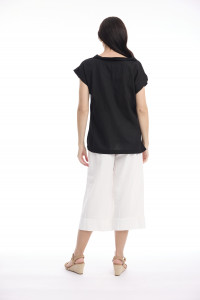 Linen Blend Top Rolled Neckline