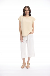 Linen Blend Top Rolled Neckline