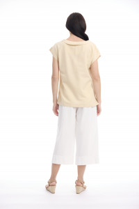 Linen Blend Top Rolled Neckline