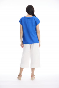 Linen Blend Top Rolled Neckline