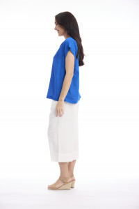 Linen Blend Top Rolled Neckline