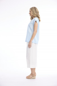 Linen Blend Top Rolled Neckline