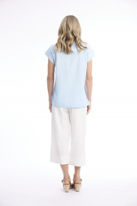 Linen Blend Top Rolled Neckline