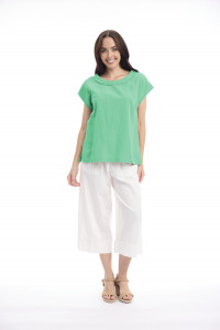 Linen Blend Top Rolled Neckline