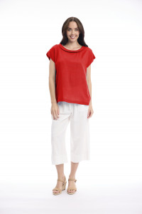 Linen Blend Top Rolled Neckline