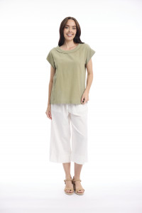 Linen Blend Top Rolled Neckline