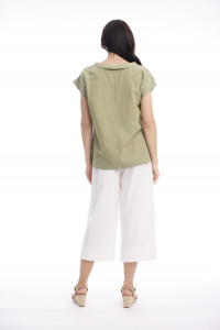 Linen Blend Top Rolled Neckline