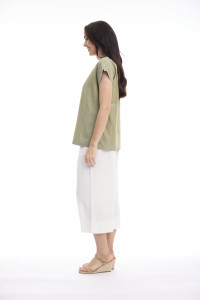 Linen Blend Top Rolled Neckline