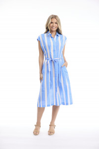 Stripe Dress Collar Tie Waist