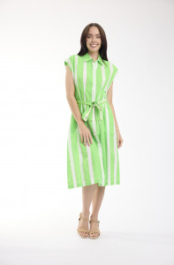 Stripe Dress Collar Tie Waist