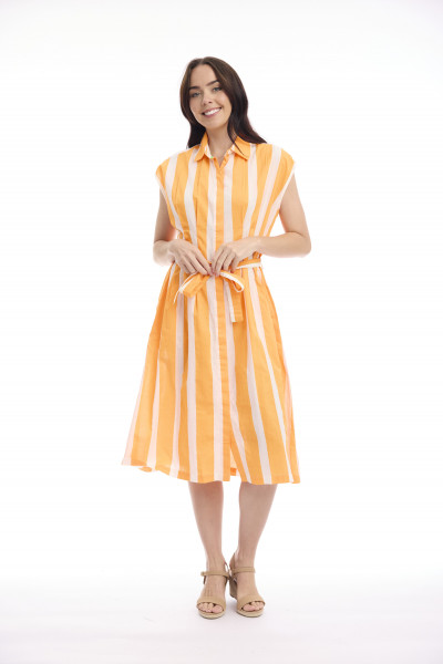 Stripe Dress Collar Tie Waist