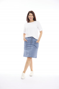 Washed Fitted Waist A-Line Skirt with Buttons