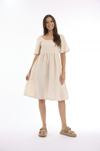 Linen Solid Dress Square Neckline