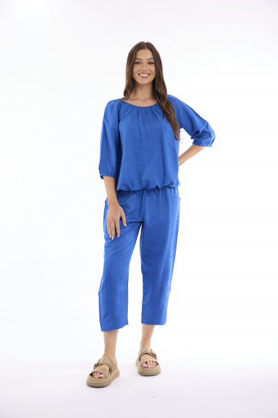 Linen Solid Top Gather Neck 3/4 Sleeve